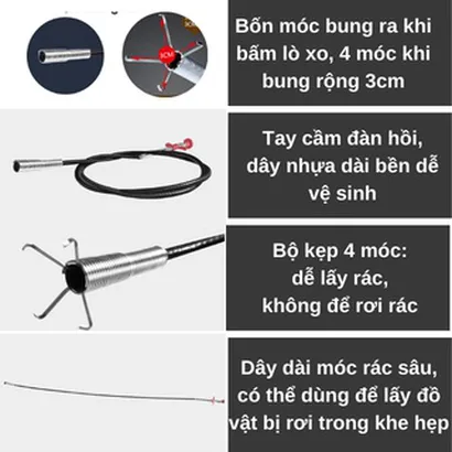Dụng cụ gắp rác thông tắc bồn rửa bát thông minh dài 60-90-160cm, dung cụ thông tắc cống thoát nước đa năng - THEA