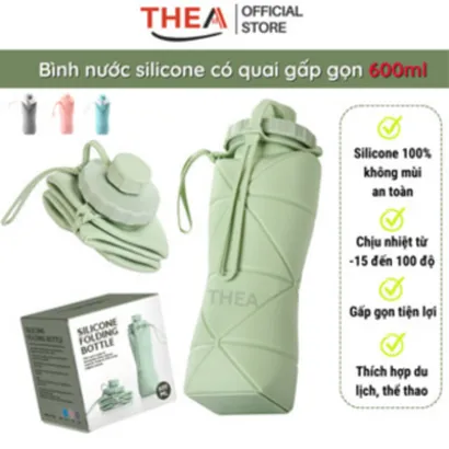 Bình đựng nước thể thao tập gym chịu nhiệt silicone có quai xách gấp gọn thời trang cho nam nữ 600ml - THEA
