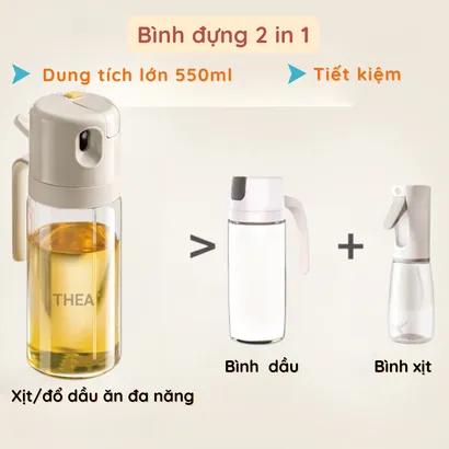 Chai thủy tinh đựng dầu ăn, bình đựng dầu ăn, lọ đựng gia vị thủy tinh 2in1, xịt, rót dầu thông minh 550ml - THEA