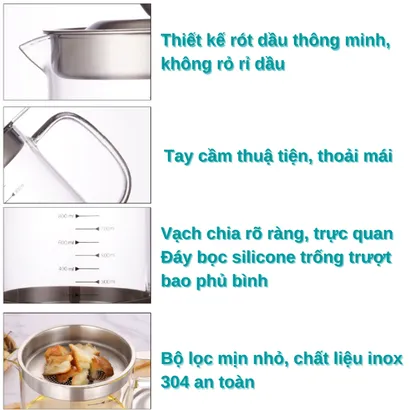 Bình đựng dầu ăn thủy tinh có lưới lọc cặn inox 304 chia vạch 1000-1500ml - THEA KITCHEN