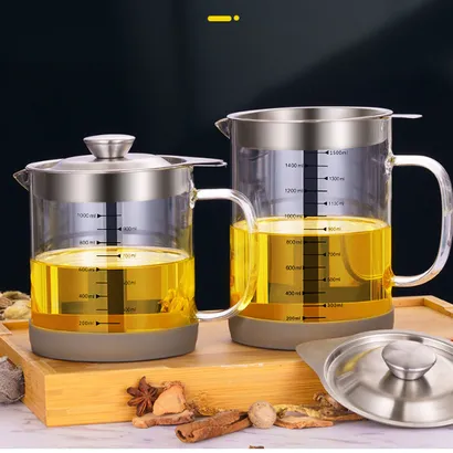 Bình đựng dầu ăn thủy tinh có lưới lọc cặn inox 304 chia vạch 1000-1500ml - THEA KITCHEN