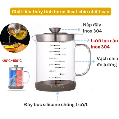 Bình đựng dầu ăn thủy tinh có lưới lọc cặn inox 304 chia vạch 1000-1500ml - THEA KITCHEN