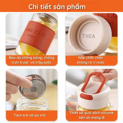 Bình đựng nước thủy tinh, cốc thủy tinh đẹp, chịu nhiệt đựng trà, nước ép trái cây, có lõi lọc inox 304 - THEA