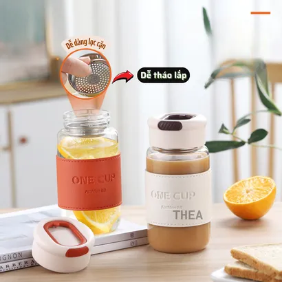 Bình đựng nước thủy tinh, cốc thủy tinh đẹp, chịu nhiệt đựng trà, nước ép trái cây, có lõi lọc inox 304 - THEA