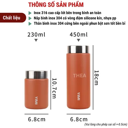 Bình nước giữ nhiệt inox mini cao cấp, cốc giữ nhiệt nóng lạnh coffee inox 316 dung tích 230-450ml đựng đa đồ uống -THEA