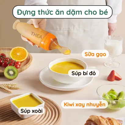 Bình thìa ăn dặm cho bé bằng silicone cao cấp kháng khuẩn với 3 kiểu lỗ rót phù hợp cho bé ở nhiều giai đoạn ăn dặm-THEA với 3 kiểu lỗ rót phù hợp cho bé ở nhiều giai đoạn ăn dặm-THEA