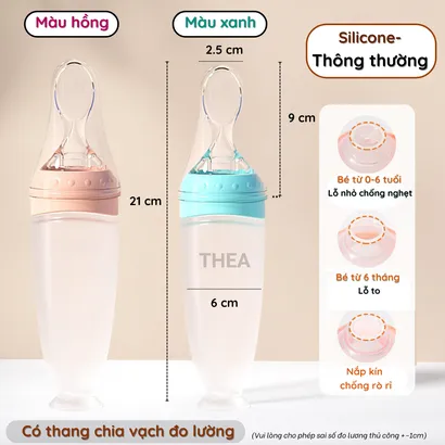 Bình thìa ăn dặm cho bé bằng silicone cao cấp kháng khuẩn với 3 kiểu lỗ rót phù hợp cho bé ở nhiều giai đoạn ăn dặm-THEA với 3 kiểu lỗ rót phù hợp cho bé ở nhiều giai đoạn ăn dặm-THEA