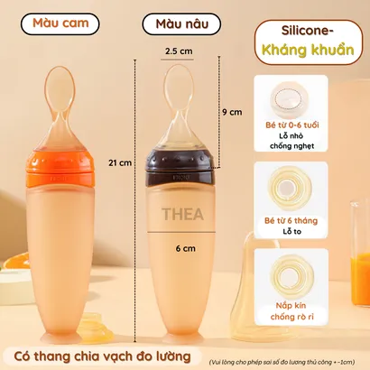 Bình thìa ăn dặm cho bé bằng silicone cao cấp kháng khuẩn với 3 kiểu lỗ rót phù hợp cho bé ở nhiều giai đoạn ăn dặm-THEA với 3 kiểu lỗ rót phù hợp cho bé ở nhiều giai đoạn ăn dặm-THEA