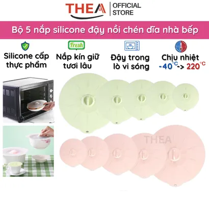 Bộ 5 nắp silicone đậy thực phẩm tủ lạnh, nồi, tô, bát, dĩa sử dụng an toàn cho lò vi sóng đa kích thước - THEA