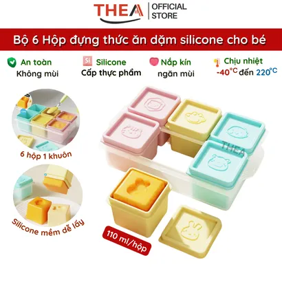 Bộ 6 Hộp trữ đông đồ ăn dặm cho bé, hộp silicone đựng thức ăn tủ lạnh, hộp chia đồ ăn dặm cho bé mini có nắp 110ml -THEA
