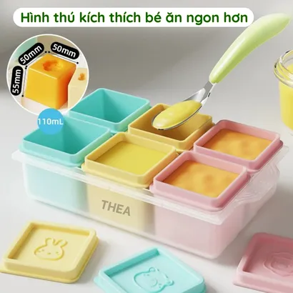 Bộ 6 Hộp trữ đông đồ ăn dặm cho bé, hộp silicone đựng thức ăn tủ lạnh, hộp chia đồ ăn dặm cho bé mini có nắp 110ml -THEA