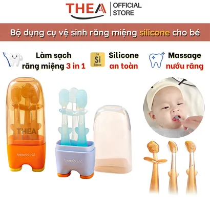 Bộ bàn chải đánh răng silicone cho bé, rơ lưỡi, vệ sinh lưỡi cho bé 0-18 tháng tuổi an toàn 3 in 1 - THEA