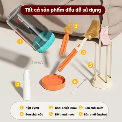 Bộ cọ rửa bình sữa silicone, dụng cụ vệ sinh bình sữa, núm ti, ống hút di động, đa năng, nhỏ gọn đi du lịch cho bé -THEA