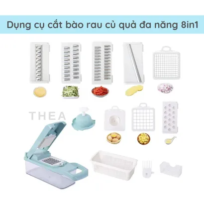 Bộ dụng cụ nạo bào sợi cắt lát rau củ quả đa năng kháng khuẩn kèm rổ 8 in 1 bảo vệ tay nhỏ gọn tiện ích –THEA kitchen