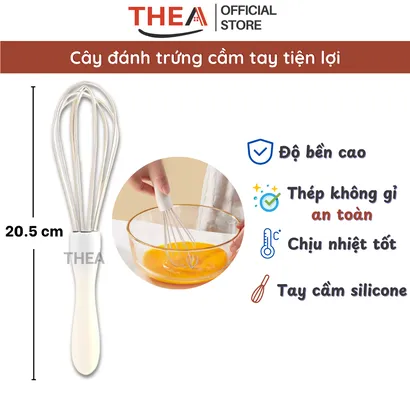 Cây đánh trứng cầm tay, dụng cụ đánh trứng inox tay cầm silicone trắng thanh lịch - THEA