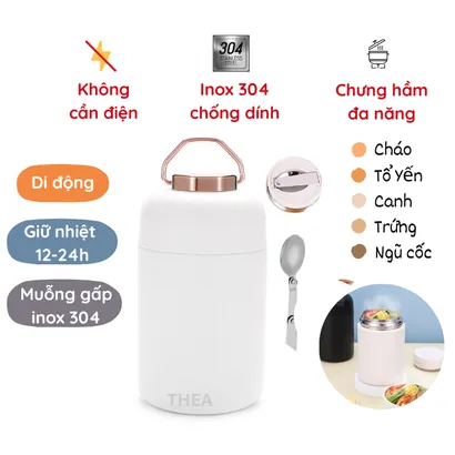 Cốc ủ hầm chân không đơn giản, bình ủ nóng inox 304 giữ nhiệt 12-24h, không dùng điện, kèm muỗng 600ml - THEA Kitchen