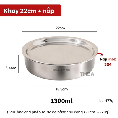 Khay inox 304 đựng đồ ăn, khay hấp inox 304 có nắp đậy đựng thực phẩm, Khay tròn inox đựng thức ăn, làm bánh đa năng - THEA