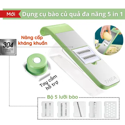 Bộ dụng cụ nạo bào sợi cắt lát rau củ quả đa năng kháng khuẩn kèm rổ 5 in 1 bảo vệ tay nhỏ gọn tiện ích –THEA kitchen