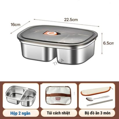Hộp đựng cơm văn phòng inox 304 chia 2 ngăn, hộp inox 304 có nắp đậy , Hộp đựng thực phẩm thức ăn chia ngăn tiện lợi - THEA