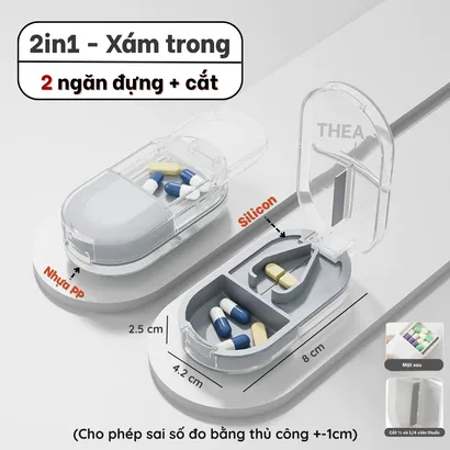 Hộp đựng chia thuốc mini, hộp chia thuốc 7 ngày, hộp thuốc kèm dụng cụ cắt nghiền thuốc viên nhỏ gọn 3 in 1 - THEA