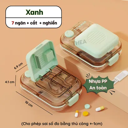 Hộp đựng chia thuốc mini, hộp chia thuốc 7 ngày, hộp thuốc kèm dụng cụ cắt nghiền thuốc viên nhỏ gọn 3 in 1 - THEA
