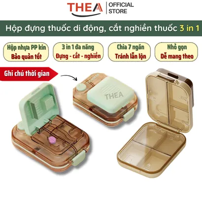 Hộp đựng chia thuốc mini, hộp chia thuốc 7 ngày, hộp thuốc kèm dụng cụ cắt nghiền thuốc viên nhỏ gọn 3 in 1 - THEA