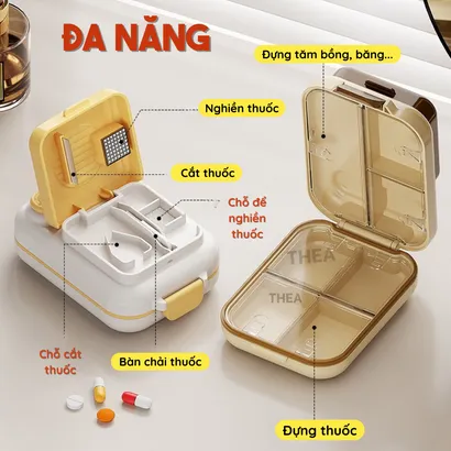Hộp đựng chia thuốc mini, hộp chia thuốc 7 ngày, hộp thuốc kèm dụng cụ cắt nghiền thuốc viên nhỏ gọn 3 in 1 - THEA