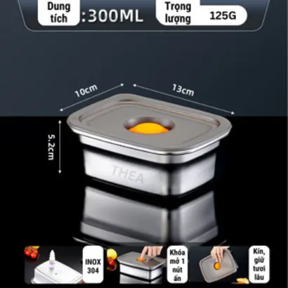 Hộp inox 304 đựng bảo quản thực phẩm thức ăn rau củ quả tủ lạnh ngăn đông đá có nắp cao cấp kín không mùi – THEA