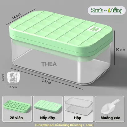 Hộp làm đá viên tủ lạnh, Khay làm đá thông minh có nắp đậy, kèm muỗng xúc đá tiện lợi - THEA