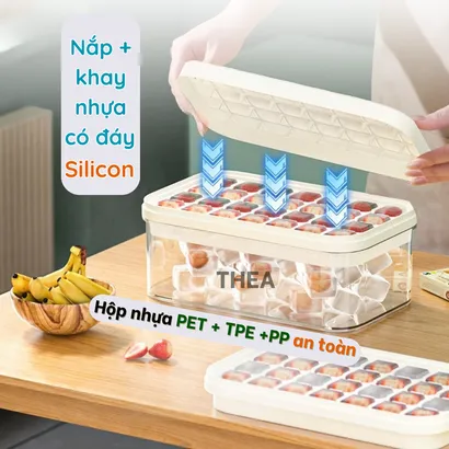 Hộp làm đá viên tủ lạnh, Khay làm đá thông minh có nắp đậy, kèm muỗng xúc đá tiện lợi - THEA