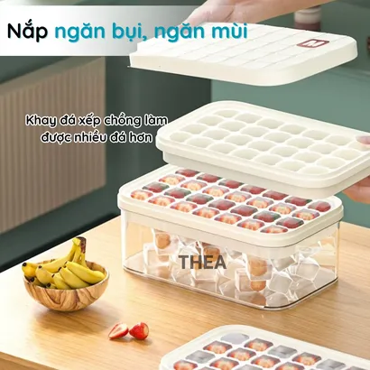 Hộp làm đá viên tủ lạnh, Khay làm đá thông minh có nắp đậy, kèm muỗng xúc đá tiện lợi - THEA