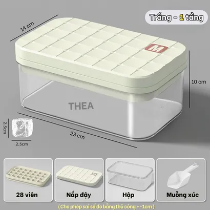 Hộp làm đá viên tủ lạnh, Khay làm đá thông minh có nắp đậy, kèm muỗng xúc đá tiện lợi - THEA