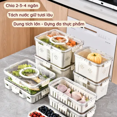 Hộp nhựa đựng thực phẩm, hộp bảo quản đa thực phẩm rau củ quả tủ lạnh 2-3-4 ngăn có lỗ thoát nước và nắp khóa – THEA
