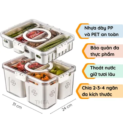 Hộp nhựa đựng thực phẩm, hộp bảo quản đa thực phẩm rau củ quả tủ lạnh 2-3-4 ngăn có lỗ thoát nước và nắp khóa – THEA