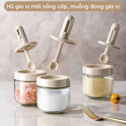 Hũ đựng gia vị, bộ lọ đựng gia vị thủy tinh có kèm thìa muỗng đo lường cao cấp - THEA KITCHEN