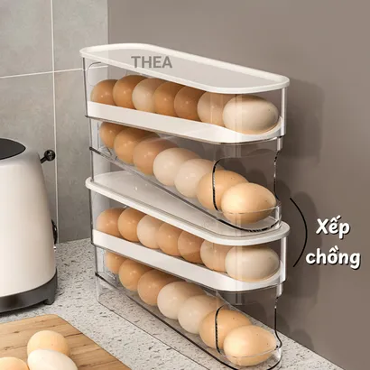 Khay đựng trứng tủ lạnh, hộp đựng trứng gà, vịt 2 tầng thông minh tự động lăn lấy trứng dễ dàng bằng nhựa - THEA