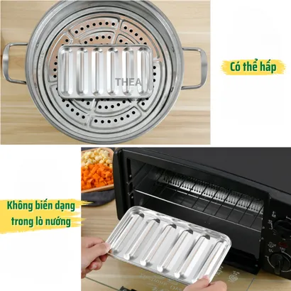 Khay inox, khuôn làm xúc xích cho bé INOX 304 cao cấp có nắp có lỗ thông hơi chín đều hấp nướng an toàn - THEA