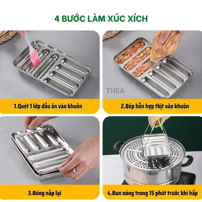 Khay inox, khuôn làm xúc xích cho bé INOX 304 cao cấp có nắp có lỗ thông hơi chín đều hấp nướng an toàn - THEA
