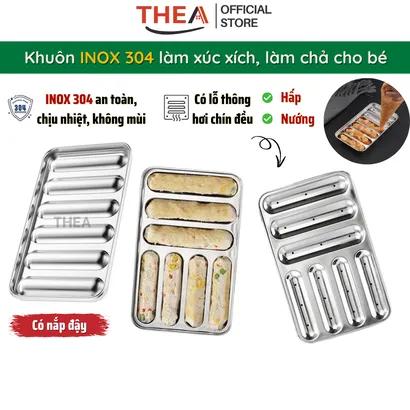 Khay inox, khuôn làm xúc xích cho bé INOX 304 cao cấp có nắp có lỗ thông hơi chín đều hấp nướng an toàn - THEA