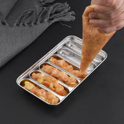Khay inox, khuôn làm xúc xích cho bé INOX 304 cao cấp có nắp có lỗ thông hơi chín đều hấp nướng an toàn - THEA