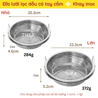Khay inox tròn và vỉ lưới lọc ráo dầu INOX 304 SIÊU DÀY đựng thực phẩm, thức ăn chiên rán, hấp, luộc cao cấp – THEA