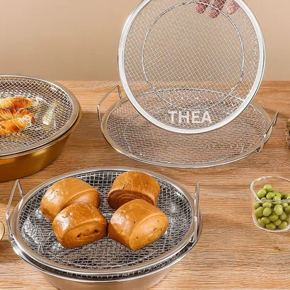 Khay inox tròn và vỉ lưới lọc ráo dầu INOX 304 SIÊU DÀY đựng thực phẩm, thức ăn chiên rán, hấp, luộc cao cấp – THEA