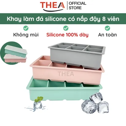 Khay làm đá viên 100% silicone dày 6-8 vuông có nắp đậy kín để tủ lạnh lấy đá tiện lợi không mùi an toàn sức khỏe – THEA