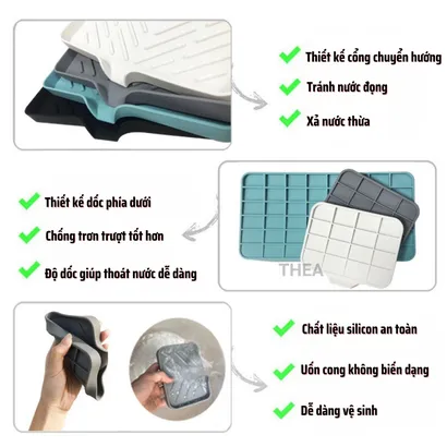 Khay silicon đựng đồ nhà tắm, xà bông, Khay chữ nhật để đồ rửa chén chống trượt, thoát nước tiện lợi đa năng - THEA
