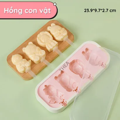 Khuôn làm kem que silicone có nắp, khay làm kem que hình thú, trái cây đông lạnh tại nhà giá rẻ, bộ khuôn làm thạch, kẹo dẻo - THEA