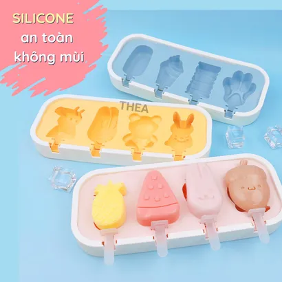 Khuôn làm kem que silicone có nắp, khay làm kem que hình thú, trái cây đông lạnh tại nhà giá rẻ, bộ khuôn làm thạch, kẹo dẻo - THEA