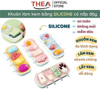 Khuôn làm kem que silicone có nắp, khay làm kem que hình thú, trái cây đông lạnh tại nhà giá rẻ, bộ khuôn làm thạch, kẹo dẻo - THEA