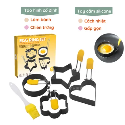 Bộ 4 Khuôn chiên rán trứng [cao cấp] tạo hình chống dính, khuôn sắt làm bánh rán có tay cầm silicone cách nhiệt – THEA KITCHEN