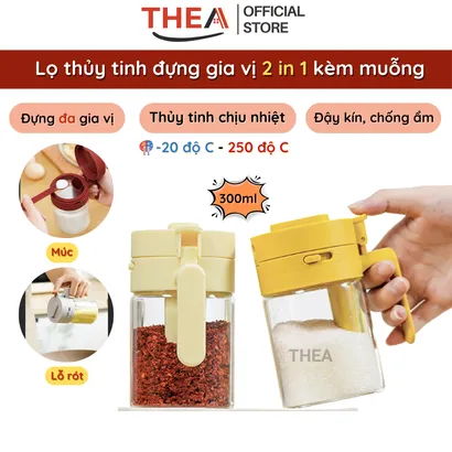 Lọ đựng gia vị thủy tinh, hộp đựng gia vị nhà bếp thông minh, hũ đựng gia vị 2 in1 kèm muỗng - THEA