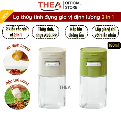Lọ đựng gia vị thủy tinh nhà bếp, hũ đựng gia vị, muối, đường, tiêu thông minh 2 in 1 kiểm soát định lượng 180ml - THEA